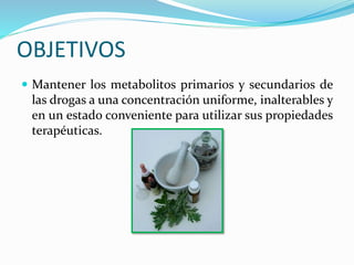 OBJETIVOS
 Mantener los metabolitos primarios y secundarios de
las drogas a una concentración uniforme, inalterables y
en un estado conveniente para utilizar sus propiedades
terapéuticas.
 