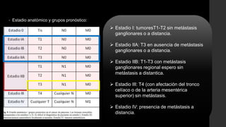 • Estadio anatómico y grupos pronóstico:
 Estadio I: tumoresT1-T2 sin metástasis
ganglionares o a distancia.
 Estadio IIA: T3 en ausencia de metástasis
ganglionares o a distancia.
 Estadio IIB: T1-T3 con metástasis
ganglionares regional espero sin
metástasis a distantica.
 Estadio III: T4 (con afectación del tronco
celíaco o de la arteria mesentérica
superior) sin metástasis.
 Estadio IV: presencia de metástasis a
distancia.
 