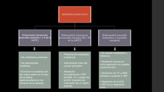 ESTADIFICACION NCCN
Enfermedad claramente
resecable (estadios I y II de la
AJCC)
Enfermedad claramente
irresecable (estadios III y IV
de la AJCC):
Enfermedad resecable
borderline o resecable
marginal
• No metástasis evidentes.
• No adenopatías
evidentes.
• El tumor no contacta con
los vasos (salvo en el caso
de la arteria
gastroduodenal en los
tumores de la cabeza)
• Presenta de metástasis
a distancia.
• Adenopatías fuera del
campo quirúrgico.
• Afectación
circunferencial >180º
de AMS, TC u origen de
la AHC (impediría la
colocación de un injerto
arterial).
• No existen metástasis a
distancia.
• Afectación venosa en
corto segmento con posible
reconstrucción.
• Afectación de TC y AMS
limitada a contacto ≤ 180º
• Afectación de la AHC
>180º en un segmento
corto
 