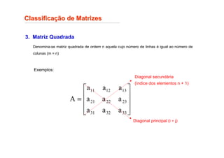 Classifica
Classificaç
ção de Matrizes
ão de Matrizes
3. Matriz Quadrada
Denomina-se matriz quadrada de ordem n aquela cujo número de linhas é igual ao número de
colunas (m = n)
Exemplos:










=
33
32
31
23
22
21
13
12
11
a
a
a
a
a
a
a
a
a
A
Diagonal principal (i = j)
Diagonal secundária
(índice dos elementos n + 1)
 