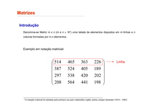 Matrizes
Matrizes
Introdução
Denomina-se Matriz m x n (m e n ∈ N*) uma tabela de elementos dispostos em m linhas e n
colunas formadas por m.n elementos.
Exemplo em notação matricial:
* A notação matricial foi adotada pela primeira vez pelo matemático inglês James Joseph Sylvester (1814 – 1897)














198
441
564
208
202
420
538
297
189
405
524
387
226
363
465
514 Linha
 