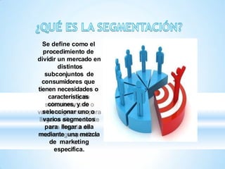 Se define como el
procedimiento de
dividir un mercado en
distintos
subconjuntos de
consumidores que
tienen necesidades o
características
comunes, y de
seleccionar uno o
varios segmentos
para llegar a ella
mediante una mezcla
de marketing
especifica.
 