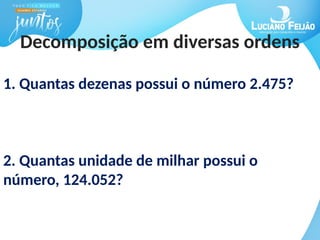 Decomposição em diversas ordens
1. Quantas dezenas possui o número 2.475?
2. Quantas unidade de milhar possui o
número, 124.052?
 