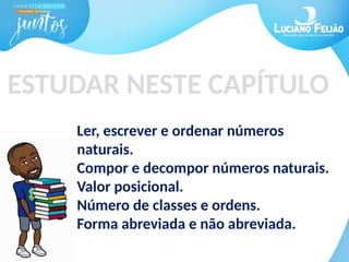 ESTUDAR NESTE CAPÍTULO
Ler, escrever e ordenar números
naturais.
Compor e decompor números naturais.
Valor posicional.
Número de classes e ordens.
Forma abreviada e não abreviada.
 