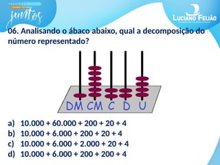 06. Analisando o ábaco abaixo, qual a decomposição do
número representado?
a) 10.000 + 60.000 + 200 + 20 + 4
b) 10.000 + 6.000 + 200 + 20 + 4
c) 10.000 + 6.000 + 2.000 + 20 + 4
d) 10.000 + 6.000 + 200 + 200 + 4
 