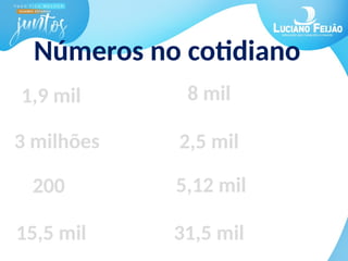 Números no cotidiano
1,9 mil
2,5 mil
8 mil
200
15,5 mil
3 milhões
5,12 mil
31,5 mil
 