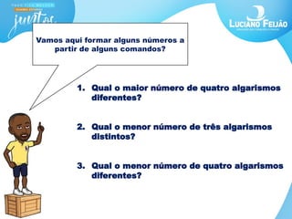 Vamos aqui formar alguns números a
partir de alguns comandos?
1. Qual o maior número de quatro algarismos
diferentes?
2. Qual o menor número de três algarismos
distintos?
3. Qual o menor número de quatro algarismos
diferentes?
 