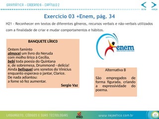 17
Exercício 03 +Enem, pág. 34
H21 - Reconhecer em textos de diferentes gêneros, recursos verbais e não-verbais utilizados
com a finalidade de criar e mudar comportamentos e hábitos.
BANQUETE LÍRIC0
Ontem faminto
almocei um livro do Neruda
com molho lírico à Cecília,
bebi toda poesia do Quintana
e, de sobremesa, Drummond - delícia!
Ainda belisquei uns sonetos do Vinícius
enquanto esperava o jantar, Clarice.
De nada adiantou:
a fome só fez aumentar.
Sergio Vaz
Alternativa B
São empregados de
forma figurada, criando
a expressividade do
poema.
 