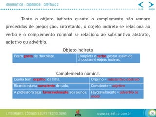 36
Tanto o objeto indireto quanto o complemento são sempre
precedidos de preposição. Entretanto, o objeto indireto se relaciona ao
verbo e o complemento nominal se relaciona ao substantivo abstrato,
adjetivo ou advérbio.
Objeto Indireto
Complemento nominal
Pedro gosta de chocolate. Completa o verbo gostar, assim de
chocolate é objeto indireto
Cecília tem orgulho da filha. Orgulho = substantivo abstrato
Ricardo estava consciente de tudo. Consciente = adjetivo
A professora agiu favoravelmente aos alunos. Favoravelmente = advérbio de
modo
 