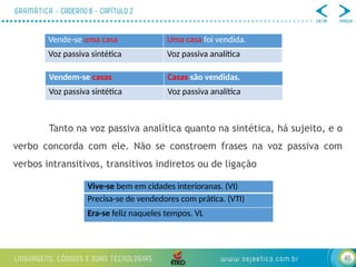 45
Tanto na voz passiva analítica quanto na sintética, há sujeito, e o
verbo concorda com ele. Não se constroem frases na voz passiva com
verbos intransitivos, transitivos indiretos ou de ligação
Vende-se uma casa Uma casa foi vendida.
Voz passiva sintética Voz passiva analítica
Vendem-se casas Casas são vendidas.
Voz passiva sintética Voz passiva analítica
Vive-se bem em cidades interioranas. (VI)
Precisa-se de vendedores com prática. (VTI)
Era-se feliz naqueles tempos. VL
 