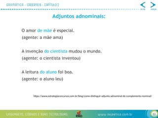 63
Adjuntos adnominais:
O amor de mãe é especial.
(agente: a mãe ama)
A invenção do cientista mudou o mundo.
(agente: o cientista inventou)
A leitura do aluno foi boa.
(agente: o aluno leu)
https://www.estrategiaconcursos.com.br/blog/como-distinguir-adjunto-adnominal-de-complemento-nominal/
 