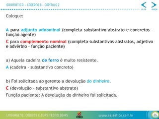 65
Coloque:
A para adjunto adnominal (completa substantivo abstrato e concretos –
função agente)
C para complemento nominal (completa substantivos abstratos, adjetivo
e advérbio – função paciente)
a) Aquela cadeira de ferro é muito resistente.
A (cadeira - substantivo concreto)
b) Foi solicitada ao gerente a devolução do dinheiro.
C (devolução - substantivo abstrato)
Função paciente: A devolução do dinheiro foi solicitada.
 