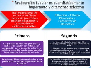 *
En el manejo renal las
sustancias se filtran
libremente (no unidas a
proteínas plasmáticas) y
se reabsorben en
cantidades variables.
Filtración = Filtrado
Glomerular x
Concentración
plasmática
Primero
Los procesos de filtración glomerular y
reabsorción tubular son intensos en
comparación con la excreción urinaria, si
existiera un cambio podría causar cambios
importantes en la excreción urinaria.
Pero los cambios están coordinados, y no
producen fluctuaciones importantes en la
excreción
Segundo
La reabsorción tubular es muy selectiva.
*Glucosa y aminoácidos; con excreción urinaria
nula.
* El sodio, cloro y bicarbonato; reabsorción y
excreción urinarias varían. *La
urea y creatinina; se reabsorben mal, excretadas
en cantidades grandes.
Al controlar la intensidad de reabsorción de
diversas sustancias, los riñones regulan la
excreción de soluto . Esencial para controlar
líquidos corporales
 