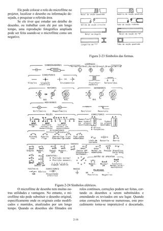 2-16
Ele pode colocar o rolo do microfilme no
projetor, localizar o desenho ou informação de-
sejada, e pesquisar a referida área.
Se ele tiver que estudar um detalhe do
desenho, ou trabalhar com ele por um longo
tempo, uma reprodução fotográfica ampliada
pode ser feita usando-se o microfilme como um
negativo.
Figura 2-23 Símbolos das formas.
Figura 2-24 Símbolos elétricos.
O microfilme de desenho tem muitas ou-
tras utilidades e vantagens. No entanto, o mi-
crofilme não pode substituir o desenho original,
especificamente onde os originais estão modifi-
cados e mantidos, atualizados por um longo
tempo. Quando os desenhos são filmados em
rolos contínuos, correções podem ser feitas, cor-
tando os desenhos a serem substituídos e
emendando os revisados em seu lugar. Quando
estas correções tornam-se numerosas, este pro-
cedimento torna-se impraticável e descartado,
 