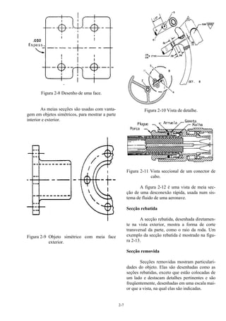 2-7
Figura 2-8 Desenho de uma face.
As meias secções são usadas com vanta-
gem em objetos simétricos, para mostrar a parte
interior e exterior.
Figura 2-9 Objeto simétrico com meia face
exterior.
Figura 2-10 Vista de detalhe.
Figura 2-11 Vista seccional de um conector de
cabo.
A figura 2-12 é uma vista de meia sec-
ção de uma desconexão rápida, usada num sis-
tema de fluido de uma aeronave.
Secção rebatida
A secção rebatida, desenhada diretamen-
te na vista exterior, mostra a forma de corte
transversal da parte, como o raio da roda. Um
exemplo da secção rebatida é mostrado na figu-
ra 2-13.
Secção removida
Secções removidas mostram particulari-
dades do objeto. Elas são desenhadas como as
seções rebatidas, exceto que estão colocadas de
um lado e destacam detalhes pertinentes e são
freqüentemente, desenhadas em uma escala mai-
or que a vista, na qual elas são indicadas.
 