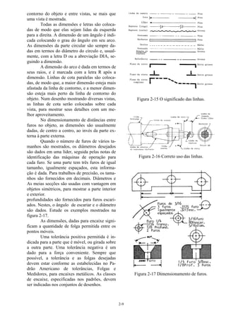 2-9
contorno do objeto e entre vistas, se mais que
uma vista é mostrada.
Todas as dimensões e letras são coloca-
das de modo que elas sejam lidas da esquerda
para a direita. A dimensão de um ângulo é indi-
cada colocando o grau do ângulo em seu arco.
As dimensões da parte circular são sempre da-
das em termos do diâmetro do círculo e, usual-
mente, com a letra D ou a abreviação DIA, se-
guindo a dimensão.
A dimensão do arco é dada em termos de
seus raios, e é marcada com a letra R após a
dimensão. Linhas de cota paralelas são coloca-
das, de modo que, a maior dimensão esteja mais
afastada da linha de contorno, e a menor dimen-
são esteja mais perto da linha de contorno do
objeto. Num desenho mostrando diversas vistas,
as linhas de cota serão colocadas sobre cada
vista, para mostrar seus detalhes com um me-
lhor aproveitamento.
No dimensionamento de distâncias entre
furos no objeto, as dimensões são usualmente
dadas, de centro a centro, ao invés da parte ex-
terna à parte externa.
Quando o número de furos de vários ta-
manhos são mostrados, os diâmetros desejados
são dados em uma líder, seguida pelas notas de
identificação das máquinas de operação para
cada furo. Se uma parte tem três furos de igual
tamanho, igualmente espaçados, esta informa-
ção é dada. Para trabalhos de precisão, os tama-
nhos são fornecidos em decimais. Diâmetros e
As meias secções são usadas com vantagem em
objetos simétricos, para mostrar a parte interior
e exterior.
profundidades são fornecidos para furos escari-
ados. Nestes, o ângulo de escariar e o diâmetro
são dados. Estude os exemplos mostrados na
figura 2-17.
As dimensões, dadas para encaixe signi-
ficam a quantidade de folga permitida entre os
pontos móveis.
Uma tolerância positiva permitida é in-
dicada para a parte que é móvel, ou girada sobre
a outra parte. Uma tolerância negativa é um
dado para a força conveniente. Sempre que
possível, a tolerância e as folgas desejadas
devem estar conforme as estabelecidas no Pa-
drão Americano de tolerâncias, Folgas e
Medidores, para encaixes metálicos. As classes
de encaixe, especificadas nos padrões, devem
ser indicadas nos conjuntos de desenhos.
Figura 2-15 O significado das linhas.
Figura 2-16 Correto uso das linhas.
Figura 2-17 Dimensionamento de furos.
 