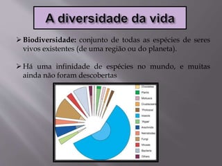Biodiversidade: conjunto de todas as espécies de seres
vivos existentes (de uma região ou do planeta).
Há uma infinidade de espécies no mundo, e muitas
ainda não foram descobertas
 