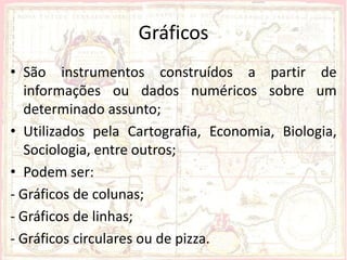 Gráficos
• São instrumentos construídos a partir de
  informações ou dados numéricos sobre um
  determinado assunto;
• Utilizados pela Cartografia, Economia, Biologia,
  Sociologia, entre outros;
• Podem ser:
- Gráficos de colunas;
- Gráficos de linhas;
- Gráficos circulares ou de pizza.
 