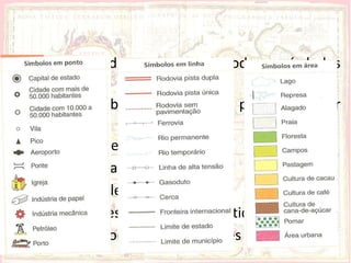 • Legenda: quadro explicativo de todos os símbolos
  de um mapa.
• As cores também são utilizadas para comunicar
  informações:
- Azul – rios, oceanos, mares;
- Verde – vegetação;
- Castanho – relevo e solos;
- Preto – cidades, vilas, limites políticos;
- Vermelho – rodovias ou correntes marítimas.
 