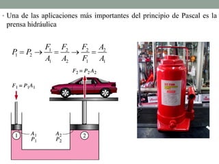 • Una de las aplicaciones más importantes del principio de Pascal es la
prensa hidráulica
1 2 2 2
1 2
1 2 1 1
F F F A
P P
A A F A
    
 