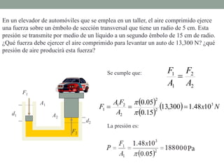 2
2
1
1
A
F
A
F

En un elevador de automóviles que se emplea en un taller, el aire comprimido ejerce
una fuerza sobre un émbolo de sección transversal que tiene un radio de 5 cm. Esta
presión se transmite por medio de un líquido a un segundo émbolo de 15 cm de radio.
¿Qué fuerza debe ejercer el aire comprimido para levantar un auto de 13,300 N? ¿qué
presión de aire producirá esta fuerza?
A1
A2
F1
F2
d1
d2
Se cumple que:
 
 
  Nx
A
FA
F 3
2
2
2
21
1 1048.1300,13
15.0
05.0



La presión es:
 