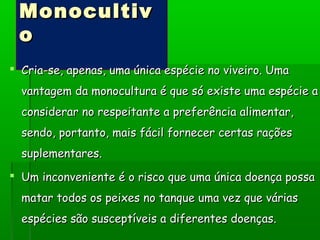 MonocultivMonocultiv
oo
 Cria-se, apenas, uma única espécie no viveiro. UmaCria-se, apenas, uma única espécie no viveiro. Uma
vantagem da monocultura é que só existe uma espécie avantagem da monocultura é que só existe uma espécie a
considerar no respeitante a preferência alimentar,considerar no respeitante a preferência alimentar,
sendo, portanto, mais fácil fornecer certas raçõessendo, portanto, mais fácil fornecer certas rações
suplementares.suplementares.
 Um inconveniente é o risco que uma única doença possaUm inconveniente é o risco que uma única doença possa
matar todos os peixes no tanque uma vez que váriasmatar todos os peixes no tanque uma vez que várias
espécies são susceptíveis a diferentes doenças.espécies são susceptíveis a diferentes doenças.
 