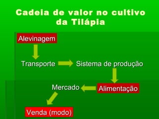 Cadeia de valor no cultivo
da Tilápia
TransporteTransporte Sistema de produçãoSistema de produção
Venda (modo)Venda (modo)
AlimentaçãoAlimentaçãoMercadoMercado
AlevinagemAlevinagem
 