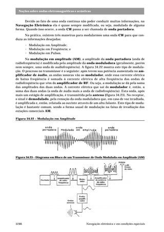 Noções sobre ondas eletromagnéticas e acústicas
Navegação eletrônica e em condições especiais1246
Devido ao fato de uma onda contínua não poder conduzir muitas informações, na
Navegação Eletrônica ela é quase sempre modificada, ou seja, modulada de alguma
forma. Quando isso ocorre, a onda CW passa a ser chamada de onda portadora.
Na prática, existem três maneiras para modularmos uma onda CW para que con-
duza as informações desejadas:
· Modulação em Amplitude;
· Modulação em Freqüência; e
· Modulação em Pulsos.
Na modulação em amplitude (AM), a amplitude da onda portadora (onda de
radiofreqüência) é modificada pela amplitude da onda moduladora (geralmente, porém
nem sempre, uma onda de audiofreqüência). A figura 34.22 mostra este tipo de modula-
ção. O processo no transmissor é o seguinte: após terem sua potência aumentada no am-
plificador de áudio, as ondas sonoras vão ao modulador, onde essa corrente elétrica
de baixa freqüência é somada à corrente elétrica de alta freqüência das ondas de
radiofreqüência que vêm do amplificador de RF. Ou seja, a modulação se dá pela soma
das amplitudes das duas ondas. A corrente elétrica que sai do modulador é, então, a
soma das duas ondas (a onda de áudio mais a onda de radiofreqüência). Esta onda, após
mais um estágio de amplificação, é transmitida pela antena (figura 34.23). No receptor,
o sinal é demodulado, pela remoção da onda moduladora que, em caso de voz irradiada,
é amplificada e, então, relatada ao ouvinte através de um alto-falante. Este tipo de modu-
lação é bastante comum, sendo a forma usual de modulação na faixa de irradiação das
estações comerciais AM.
Figura 34.22 – Modulação em Amplitude
Figura 34.23 – Diagrama em Bloco de um Transmissor de Onda Modulada em Amplitude (AM)
 