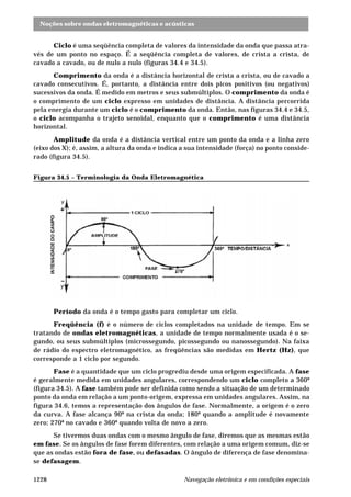 Noções sobre ondas eletromagnéticas e acústicas
Navegação eletrônica e em condições especiais1228
Ciclo é uma seqüência completa de valores da intensidade da onda que passa atra-
vés de um ponto no espaço. É a seqüência completa de valores, de crista a crista, de
cavado a cavado, ou de nulo a nulo (figuras 34.4 e 34.5).
Comprimento da onda é a distância horizontal de crista a crista, ou de cavado a
cavado consecutivos. É, portanto, a distância entre dois picos positivos (ou negativos)
sucessivos da onda. É medido em metros e seus submúltiplos. O comprimento da onda é
o comprimento de um ciclo expresso em unidades de distância. A distância percorrida
pela energia durante um ciclo é o comprimento da onda. Então, nas figuras 34.4 e 34.5,
o ciclo acompanha o trajeto senoidal, enquanto que o comprimento é uma distância
horizontal.
Amplitude da onda é a distância vertical entre um ponto da onda e a linha zero
(eixo dos X); é, assim, a altura da onda e indica a sua intensidade (força) no ponto conside-
rado (figura 34.5).
Figura 34.5 – Terminologia da Onda Eletromagnética
Período da onda é o tempo gasto para completar um ciclo.
Freqüência (f) é o número de ciclos completados na unidade de tempo. Em se
tratando de ondas eletromagnéticas, a unidade de tempo normalmente usada é o se-
gundo, ou seus submúltiplos (microssegundo, picossegundo ou nanossegundo). Na faixa
de rádio do espectro eletromagnético, as freqüências são medidas em Hertz (Hz), que
corresponde a 1 ciclo por segundo.
Fase é a quantidade que um ciclo progrediu desde uma origem especificada. A fase
é geralmente medida em unidades angulares, correspondendo um ciclo completo a 360º
(figura 34.5). A fase também pode ser definida como sendo a situação de um determinado
ponto da onda em relação a um ponto-origem, expressa em unidades angulares. Assim, na
figura 34.6, temos a representação dos ângulos de fase. Normalmente, a origem é o zero
da curva. A fase alcança 90º na crista da onda; 180º quando a amplitude é novamente
zero; 270º no cavado e 360º quando volta de novo a zero.
Se tivermos duas ondas com o mesmo ângulo de fase, diremos que as mesmas estão
em fase. Se os ângulos de fase forem diferentes, com relação a uma origem comum, diz-se
que as ondas estão fora de fase, ou defasadas. O ângulo de diferença de fase denomina-
se defasagem.
 