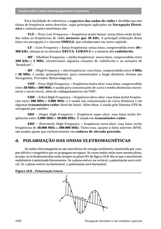 Noções sobre ondas eletromagnéticas e acústicas 
Para facilidade de referência, o espectro das ondas de rádio é dividido nas oito 
faixas de freqüência antes descritas, cujas principais aplicações na Navegação Eletrô-nica 
e comunicações marítimas são: 
· VLF – (Very Low Frequency = freqüência muito baixa): nessa faixa estão incluí-das 
todas as freqüências de rádio menores que 30 kHz. A principal utilização dessa 
faixa em navegação é o sistema OMEGA, que estudaremos em outro capítulo; 
· LF – (Low Frequency = baixa freqüência): nessa faixa, compreendida entre 30 e 
300 kHz, situam-se os sistemas DECCA, LORAN-C e a maioria dos radiofaróis; 
· MF – (Medium Frequency = média freqüência): nessa faixa, compreendida entre 
300 kHz e 3 MHz, encontramos algumas estações de radiofaróis e as estações de 
“broadcast”; 
· HF – (High Frequency = alta freqüência): essa faixa, compreendida entre 3 MHz 
e 30 MHz, é usada, principalmente, para comunicações a longa distância (Avisos aos 
Navegantes, Previsões Meteorológicas); 
· VHF – (Very High Frequency = freqüência muito alta): essa faixa, compreendida 
entre 30 MHz e 300 MHz, é usada para comunicações de curta e média distâncias (navio-navio 
e navio-terra), além de radiogoniometria em VHF; 
· UHF – (Ultra High Frequency = freqüência ultra-alta): essa faixa inclui freqüên-cias 
entre 300 MHz e 3.000 MHz, e é usada nas comunicações de curta distância e em 
algumas transmissões radar (final da faixa). Além disso, é usada pelo Sistema GPS de 
navegação por satélite; 
· SHF – (Super High Frequency = freqüência super-alta): essa faixa inclui fre-qüências 
entre 3.000 MHz e 30.000 MHz. É usada em transmissões radar; 
· EHF – (Extremely High Frequency = freqüência extra-alta): essa faixa inclui 
freqüências de 30.000 MHz a 300.000 MHz. Tanto essa, quanto a faixa anterior (SFH), 
são usadas quase que exclusivamente em radares de elevada precisão. 
d. POLARIZAÇÃO DAS ONDAS ELETROMAGNÉTICAS 
As ondas eletromagnéticas são uma forma de energia oscilatória constituída por cam-pos 
elétrico e magnético que se propagam no espaço. Se essas ondas estão num mesmo plano, 
ou seja, se os deslocamentos estão sempre no plano XY da figura 34.8, diz-se que o movimento 
ondulatório é polarizado linearmente. Se o plano estiver na vertical, a polarização será verti-cal. 
Se o plano estiver na horizontal, a polarização será horizontal. 
Figura 34.8 – Polarização Linear 
1232 Navegação eletrônica e em condições especiais 
 