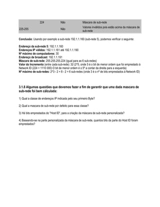 224               Não                Máscara de sub-rede
                                                      Valores inválidos pois estão acima da máscara de
225-255                            Não
                                                      sub-rede

Conclusão: Usando por exemplo a sub-rede 192.1.1.160 (sub-rede 5), podemos verificar o seguinte:

Endereço da sub-rede 5: 192.1.1.160
Endereços IP válidos: 192.1.1.161 até 192.1.1.190
Nº máximo de computadores: 30
Endereço de broadcast: 192.1.1.191
Máscara de sub-rede: 255.255.255.224 (igual para as 6 sub-redes)
Valor do Incremento (entre cada sub-rede): 32 (2^5, onde 5 é o bit de menor ordem que foi emprestado à
Network ID (224 = 1110 000) O bit de menor ordem é o 5º a contar da direita para a esquerda)
Nº máximo de sub-redes: 2^3 - 2 = 8 - 2 = 6 sub-redes (onde 3 é o nº de bits emprestados à Network ID)



3.1.8 Algumas questões que devemos fazer a fim de garantir que uma dada mascara de
sub-rede foi bem cálculada:

1) Qual a classe de endereços IP indicada pelo seu primeiro Byte?

2) Qual a mascara de sub-rede por defeito para essa classe?

3) Há bits emprestados do "Host ID", para a criação da máscara de sub-rede personalizada?

4) Baseando-se na parte personalizada da máscara de sub-rede, quantos bits da parte do Host ID foram
emprestados?
 