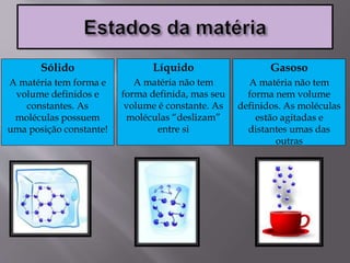 Sólido
A matéria tem forma e
volume definidos e
constantes. As
moléculas possuem
uma posição constante!
Líquido
A matéria não tem
forma definida, mas seu
volume é constante. As
moléculas “deslizam”
entre si
Gasoso
A matéria não tem
forma nem volume
definidos. As moléculas
estão agitadas e
distantes umas das
outras
 