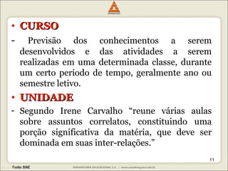 • CCUURRSSOO 
- Previsão dos conhecimentos a serem 
desenvolvidos e das atividades a serem 
realizadas em uma determinada classe, durante 
um certo período de tempo, geralmente ano ou 
semestre letivo. 
• UUNNIIDDAADDEE 
- Segundo Irene Carvalho “reune várias aulas 
sobre assuntos correlatos, constituindo uma 
porção significativa da matéria, que deve ser 
dominada em suas inter-relações.” 
11 
 