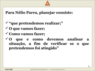 4 
Para Nélio Parra, planejar consiste: 
“que pretendemos realizar;” 
O que vamos fazer; 
Como vamos fazer; 
O que e como devemos analisar a 
situação, a fim de verificar se o que 
pretendemos foi atingido” 
 