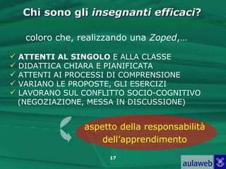 Chi sono gli insegnanti efficaci?

     coloro che, realizzando una Zoped,…

   ATTENTI AL SINGOLO E ALLA CLASSE
   DIDATTICA CHIARA E PIANIFICATA
   ATTENTI AI PROCESSI DI COMPRENSIONE
   VARIANO LE PROPOSTE, GLI ESERCIZI
   LAVORANO SUL CONFLITTO SOCIO-COGNITIVO
    (NEGOZIAZIONE, MESSA IN DISCUSSIONE)


                 aspetto della responsabilità
                     dell’apprendimento
                       17
 