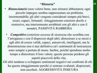 “Distorta”                                      23

 • Rinunciatario (non volersi bene, non stimarsi abbastanza; ogni
         piccolo impegno sembra rappresentare un problema
   insormontabile; gli altri vengono considerati sempre più bravi,
      sicuri, capaci, fortunati. Atteggiamento esteriore docile e
     remissivo, ma interiormente arrabbiati con gli altri e con il
                  mondo). PASSIVITÀ RABBIOSA
  •    Competitivo (esteriore eccesso di sicurezza che sconfina con
    l’arroganza e con il disprezzo degli altri; dimostrare a se stessi e
      agli altri di essere validi, capaci, autorevoli, intelligenti, ma la
   dimostrazione non è mai definitiva ed i sentimenti di insicurezza
     sono sempre a portata di mano. Inoltre, poiché spendono molto
      tempo a dimostrare il loro valore, queste persone perdono gli
                          aspetti piacevoli della vita.
Gli altri tendono a sviluppare sentimenti negativi nei confronti di chi
    ha questo atteggiamento perché si sentono svalutati, disprezzati,
                non ascoltati. AGGRESSIVITÀ INSICURA
 