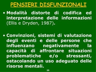 PENSIERI DISFUNZIONALI
• Modalità distorte di codifica ed
  interpretazione delle informazioni
  (Ellis e Dryden, 1987).

• Convinzioni, sistemi di valutazione
  degli eventi e delle persone che
  influenzano    negativamente      la
  capacità di affrontare situazioni
  problematiche     e/o    stressanti,
  ostacolando un uso adeguato delle
  risorse mentali.
                  25
 