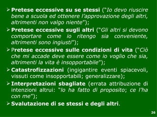  Pretese eccessive su se stessi (“Io devo riuscire
  bene a scuola ed ottenere l’approvazione degli altri,
  altrimenti non valgo niente”);
 Pretese eccessive sugli altri (“Gli altri si devono
  comportare come io ritengo sia conveniente,
  altrimenti sono ingiusti”);
 Pretese eccessive sulle condizioni di vita (“Ciò
  che mi accade deve essere come io voglio che sia,
  altrimenti la vita è insopportabile”);
 Catastrofizzazioni (ingigantire eventi spiacevoli,
  vissuti come insopportabili; generalizzare);
 Interpretazioni sbagliate (errata attribuzione di
  intenzioni altrui: “lo ha fatto di proposito; ce l’ha
  con me”);
 Svalutazione di se stessi e degli altri.
                                                          26
 