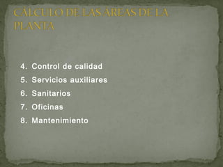 4. Control de calidad
5. Servicios auxiliares
6. Sanitarios
7. Oficinas
8. Mantenimiento
 