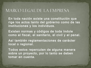 En toda nación existe una constitución que
rige los actos tanto del gobierno como de las
instituciones y los individuos.
Existen normas y códigos de toda índole
como el fiscal, el sanitario, el civil y el penal.
Así también reglamentaciones de carácter
local o regional.
Todos estos repercuten de alguna manera
sobre un proyecto, por lo tanto se deben
tomar en cuenta.
 