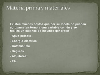 Existen muchos costos que por su índole no pueden
agruparse en torno a una variable común y se
realiza un balance de insumos generales:
- Agua potable
- Energía eléctrica
- Combustible
- Seguros
- Alquileres
- Etc.
 
