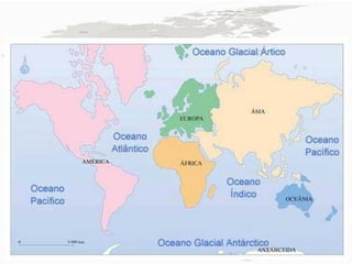 • É banhada por cinco oceanos (Pacífico, Atlântico,
  Antártico e Ártico), no qual o Índico é o único que
  não banha o continente.

• Possui uma grande diversidade natural, tais como
  a biodiversidade, a diversidade climática e as
  diversas formas de relevo e tipos de solo.
 