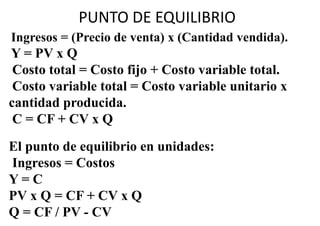 PUNTO DE EQUILIBRIO
Ingresos = (Precio de venta) x (Cantidad vendida).
Y = PV x Q
Costo total = Costo fijo + Costo variable total.
Costo variable total = Costo variable unitario x
cantidad producida.
C = CF + CV x Q
El punto de equilibrio en unidades:
Ingresos = Costos
Y = C
PV x Q = CF + CV x Q
Q = CF / PV - CV
 