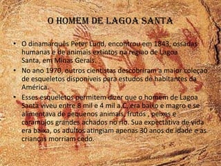 O homem de Lagoa Santa

• O dinamarquês Peter Lund, encontrou em 1843, ossadas
  humanas e de animais extintos na regiao de Lagoa
  Santa, em Minas Gerais.
• No ano 1970, outros cientistas descobriram a maior coleçao
  de esqueletos disponíveis para estudos de habitantes da
  América.
• Esses esqueletos permitem dizer que o homem de Lagoa
  Santa viveu entre 8 mil e 4 mil a.C, era baixo e magro e se
  alimentava de pequenos animais, frutos , peixes e
  caramujos grandes achados no rio. Sua expectativa de vida
  era baixa, os adultos atingiam apenas 30 anos de idade e as
  crianças morriam cedo.
 