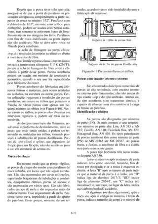 6-10
Depois que a porca tiver sido apertada,
assegure-se de que a ponta do parafuso ou pri-
sioneiro ultrapassou completamente a parte su-
perior da porca no mínimo 1/32". Parafusos com
o diâmetro de 1/16", ou mais, com orifício para
contrapino, podem ser usados com porcas auto-
freno, mas somente se estiverem livres de lima-
lhas ou arestas nas margens dos furos. Parafusos
com fios de rosca danificados ou ponta áspera
não são aceitáveis. Não se deve abrir rosca na
fibra da porca autofreno.
A ação de frenagem da porca elastic
stop, é o resultado do próprio parafuso ter aberto
a rosca no colar de fibra.
Não instale a porca elastic stop em locais
em que a temperatura ultrapasse 110º C (250ºF),
porque a ação de frenagem da fibra perde a efi-
ciência a partir desse ponto. Porcas autofreno
podem ser usadas em motores de aeronaves e
acessórios, quando o seu uso for especificado
pelo fabricante do motor.
Porcas autofreno são fabricadas em dife-
rentes formas e materiais, para serem rebitadas
ou soldadas, na estrutura ou outras partes. Cer-
tas aplicações requerem a instalação das porcas
autofreno, em canais ou trilhos que permitem a
fixação de várias porcas com apenas um pe-
queno número de rebites (ver Figura 6-10). Nes-
ses canais ou trilhos, as porcas são colocadas em
intervalos regulares e, podem ser fixas ou re-
movíveis.
As do tipo removíveis são flutuantes, re-
solvendo o problema de deslindamento, entre as
peças que estão sendo unidas, e podem ser re-
movidas ou instaladas nos trilhos, tornando pos-
sível a substituição de porcas danificadas. Por-
cas do tipo clinck e spline, que dependem de
fricção para sua fixação, não são aceitáveis para
o uso em estruturas de aeronaves.
Porcas de chapa
Do mesmo modo que as porcas rápidas,
as porcas de chapa são usadas com parafusos de
rosca soberba, em locais que não sejam estrutu-
rais. Elas são encontradas em várias utilizações,
suportando braçadeiras de tubulações e conduí-
tes, equipamento elétrico, portas de acesso; e
são encontradas em vários tipos. Elas são fabri-
cadas em aço de mola e são arqueadas antes do
endurecimento. Esse arqueamento da mola, fun-
ciona como trava, impedindo a perda do aperto
do parafuso. Essas porcas, somente devem ser
usadas, quando tiverem sido instaladas durante a
fabricação da aeronave.
Figura 6-10 Porcas autofreno em trilhos.
Porcas com encaixe interno e externo
São encontrados dois tipos comerciais de
porcas de alta resistência, com encaixe interno
ou externo para ferramentas; elas são porcas do
tipo elastic stop e do tipo umbrako. Ambas são
do tipo autofreno, com tratamento térmico, e
capazes de oferecer uma alta resistência à carga
de tensão do parafuso.
Identificação e códigos
As porcas são designadas por números
de parte (PN). Os mais comuns e seus respecti-
vos números de parte são: Lisa, AN 315 e AN
335; Castelo, AN 310; Castelada fina, AN 320;
Hexagonal fina, AN 430. Os tipos patenteados
de porcas autofreno têm como número de parte
(PN) de MS 20363 até MS 20367. As porcas
boots, a flexloc, a autofreno de fibra e a elastic
stop pertencem a este grupo.
A porca tipo borboleta tem como núme-
ro de parte AN 350.
Letras e números após o número de parte
indicam itens como material, tamanho, fios de
rosca por polegada; e se a rosca é esquerda ou
direita. A letra "B" após o número de parte indi-
ca que o material da porca é o latão; um "D"
indica liga de alumínio 2017-T; "DD" indica
liga de alumínio 2024-T; um "C" indica aço
inoxidável; e, um traço, no lugar da letra, indica
aço carbono banhado a cádmio.
O algarismo (ou dois algarismos), após o
traço, ou, após o código de números e letras da
porca, indica o tamanho do corpo e o número de
 