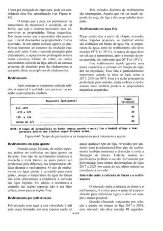6-104
1 hora por polegada de espessura, pode ser con-
siderado uma boa aproximação (ver Figura 6-
66).
O tempo que a peça vai permanecer na
temperatura do tratamento é escolhido, de tal
forma, que seja o mínimo necessário para de-
senvolver as propriedades físicas requeridas.
Um tempo menor que o necessário não permite
que o metal desenvolva as propriedades físicas
esperadas. Já um tempo elevado agrava os pro-
blemas inerentes ao aumento da oxidação cau-
sada pelo calor. Com o material protegido pelo
cladeamento, o aquecimento prolongado resulta
numa excessiva difusão do cobre, ou outros
constituintes solúveis na liga, através da camada
protetora de alumínio puro do cladeamento, o
que pode afetar os propósitos do cladeamento.
Resfriamento
Após estarem os elementos solúveis sóli-
dos, o material é resfriado para prevenir ou re-
tardar a precipitação imediata.
Três métodos distintos de resfriamento
são empregados. Aquele que vai ser usado de-
pende da peça, da liga e das propriedades dese-
jadas.
Resfriamento em água fria
Peças produzidas a partir de chapas, extrusão,
tubos, forjados pequenos, ou material similar
são resfriados em banho de água fria. A tempe-
ratura da água, antes do resfriamento, não deve
exceder 85º F (± 30º C). A massa de água deve
ser tal que a temperatura, após a imersão da pe-
ça aquecida, não suba mais que 20º F (± 10º C).
Esse resfriamento rápido garante uma
maior resistência a corrosão em função da rapi-
dez da exposição. Esse fato é particularmente
importante quando se trata de ligas como a
2017, 2024 ou 7075. Essa é a razão principal da
preferência pelo método, muita embora o resfri-
amento lento também produza as propriedades
mecânicas requeridas.
Figura 6-66 Tempo de permanência na temperatura para tratamento a quente.
Resfriamento em água quente
Grandes peças forjadas, de seções espes-
sas, podem ser resfriadas em água quente ou
fervente. Esse tipo de resfriamento minimiza a
distorção e evita trincas, as quais podem ser
produzidas pela diferença das temperaturas ob-
tidas durante o resfriamento. O uso de resfria-
mento em água quente é permitido para essas
partes, porque a temperatura da água do banho
não afeta criticamente a resistência à corrosão
das ligas forjadas. Em adição, a resistência à
corrosão das seções espessas não é um fator
crítico, como para as seções frias.
Resfriamento por pulverização
Pulverização com água a alta velocidade é útil
para peças formadas por uma espessa seção de
quase qualquer tipo de liga, revestidas por alu-
mínio puro (cladeamento).Esse tipo de resfria-
mento também minimiza a distorção e evita a
formação de trincas. Todavia, muitas es-
pecificações proíbem o uso do resfriamento por
pulverização para chapas desprotegidas de ligas
2017 e 2024 por causa do seu efeito nefasto na
resistência à corrosão.
Intervalo entre a retirada do forno e o resfri-
amento
O intervalo entre a retirada do forno e o
resfriamento, é crítico para o material (especi-
almente para determinar ligas), e deve ser sem-
pre o menor possível.
Quando efetuando tratamento por solu-
ção a quente em chapas de liga 2017 e 2024,
esse intervalo não deve exceder 10 segundos.
 
