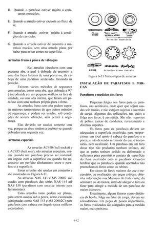 6-12
D. Quando o parafuso estiver sujeito a cons-
tantes remoções;
E. Quando a arruela estiver exposta ao fluxo de
ar;
F. Quando a arruela estiver sujeita à condi-
ções de corrosão;
G. Quando a arruela estiver de encontro a ma-
teriais macios, sem uma arruela plana por
baixo para evitar cortes na superfície.
Arruelas freno à prova de vibração
São arruelas circulares com uma
pequena aba, a qual é dobrada de encontro a
uma das faces laterais de uma porca ou, da ca-
beça de uma parafuso sextavado, travando na
posição.
Existem vários métodos de segurança
com arruelas, como uma aba, que dobrada a 90º
é introduzida em um pequeno orifício na face da
unidade, ou uma aba interna, que fixará um pa-
rafuso com uma ranhura própria para o freno.
As arruelas freno com aba podem supor-
tar maiores temperaturas do que outros métodos
de segurança, e podem ser usadas, sob condi-
ções de severa vibração, sem perder a segu-
rança.
Elas deverão ser usadas somente uma
vez, porque as abas tendem a quebrar-se quando
dobradas uma segunda vez.
Arruelas especiais
As arruelas AC950 (ball socket) e
a AC955 (ball seat), são arruelas especiais, usa-
das quando um parafuso precisa ser instalado
em ângulo com a superfície ou quando for ne-
cessário um perfeito alinhamento entre o para-
fuso e a superfície.
Essas arruelas são usadas em conjunto e
são mostradas na Figura 6-11.
As arruelas NAS 143 e MS 20002 são
usadas com parafusos das séries NAS 144 até
NAS 158 (parafusos com encaixe interno para
ferramentas).
Estas arruelas tanto podem ser planas,
para serem usadas sob a porca, como escareadas
(designadas como NAS 143 e MS 20002C) para
parafusos com cabeça em ângulo (para orifícios
escareados).
Figura 6-11 Vários tipos de arruelas
INSTALAÇÃO DE PARAFUSOS E POR-
CAS
Parafusos e medidas dos furos
Pequenas folgas nos furos para os para-
fusos, são aceitáveis, onde quer que sejam usa-
das sob tensão, e não estejam sujeitas a inversão
de carga. Algumas das aplicações, nas quais a
folga nos furos, é permitida. São elas: suportes
de polias, caixas de conduítes, revestimento e
diversos suportes.
Os furos para os parafusos devem ser
adequados a superfície envolvida, para propor-
cionar um total apoio à cabeça do parafuso e a
porca, e não devendo ser maior do que o neces-
sário, nem ovalizado. Um parafuso em um furo
desse tipo não produzirá nenhum esforço, até
que as partes tenham cedido ou deformado o
suficiente para permitir o contato da superfície
do furo ovalizado com o parafuso. Convém
lembrar que os parafusos, quando apertados não
preenchem os furos como os rebites.
Em casos de furos maiores do que o ne-
cessário, ou ovalizados em peças críticas, obte-
nha informação nos Manuais do Fabricante, da
aeronave ou do motor, antes de alargar o furo ou
furar para atingir a medida de um parafuso de
maior diâmetro.
Usualmente, alguns fatores como distân-
cia da borda, folga ou fator de carga, devem ser
considerados. Em peças de pouca importância,
os furos ovalizados são alargados para a medida
maior, mais próxima.
 