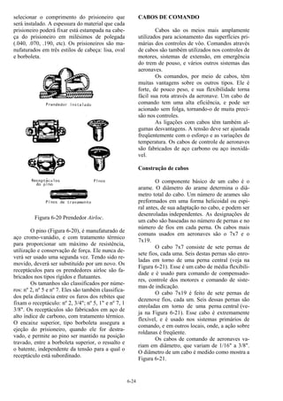6-24
selecionar o comprimento do prisioneiro que
será instalado. A espessura do material que cada
prisioneiro poderá fixar está estampada na cabe-
ça do prisioneiro em milésimos de polegada
(.040, .070, .190, etc). Os prisioneiros são ma-
nufaturados em três estilos de cabeça: lisa, oval
e borboleta.
Figura 6-20 Prendedor Airloc.
O pino (Figura 6-20), é manufaturado de
aço cromo-vanádio, e com tratamento térmico
para proporcionar um máximo de resistência,
utilização e conservação de força. Ele nunca de-
verá ser usado uma segunda vez. Tendo sido re-
movido, deverá ser substituído por um novo. Os
receptáculos para os prendedores airloc são fa-
bricados nos tipos rígidos e flutuantes.
Os tamanhos são classificados por núme-
ros: nº 2, nº 5 e nº 7. Eles são também classifica-
dos pela distância entre os furos dos rebites que
fixam o receptáculo: nº 2, 3/4"; nº 5, 1" e nº 7, 1
3/8". Os receptáculos são fabricados em aço de
alto índice de carbono, com tratamento térmico.
O encaixe superior, tipo borboleta assegura a
ejeção do prisioneiro, quando ele for destra-
vado, e permite ao pino ser mantido na posição
travado, entre a borboleta superior, o ressalto e
o batente, independente da tensão para a qual o
receptáculo está subordinado.
CABOS DE COMANDO
Cabos são os meios mais amplamente
utilizados para acionamento das superfícies pri-
márias dos controles de vôo. Comandos através
de cabos são também utilizados nos controles de
motores, sistemas de extensão, em emergência
do trem de pouso, e vários outros sistemas das
aeronaves.
Os comandos, por meio de cabos, têm
muitas vantagens sobre os outros tipos. Ele é
forte, de pouco peso, e sua flexibilidade torna
fácil sua rota através da aeronave. Um cabo de
comando tem uma alta eficiência, e pode ser
acionado sem folga, tornando-o de muita preci-
são nos controles.
As ligações com cabos têm também al-
gumas desvantagens. A tensão deve ser ajustada
freqüentemente com o esforço e as variações de
temperatura. Os cabos de controle de aeronaves
são fabricados de aço carbono ou aço inoxidá-
vel.
Construção de cabos
O componente básico de um cabo é o
arame. O diâmetro do arame determina o diâ-
metro total do cabo. Um número de arames são
preformados em uma forma helicoidal ou espi-
ral antes, de sua adaptação no cabo, e podem ser
desenroladas independentes. As designações de
um cabo são baseadas no número de pernas e no
número de fios em cada perna. Os cabos mais
comuns usados em aeronaves são o 7x7 e o
7x19.
O cabo 7x7 consiste de sete pernas de
sete fios, cada uma. Seis destas pernas são enro-
ladas em torno de uma perna central (veja na
Figura 6-21). Esse é um cabo de média flexibili-
dade e é usado para comando de compensado-
res, controle dos motores e comando de siste-
mas de indicação.
O cabo 7x19 é feito de sete pernas de
dezenove fios, cada um. Seis dessas pernas são
enroladas em torno de uma perna central (ve-
ja na Figura 6-21). Esse cabo é extremamente
flexível, e é usado nos sistemas primários de
comando, e em outros locais, onde, a ação sobre
roldanas é freqüente.
Os cabos de comando de aeronaves va-
riam em diâmetro, que variam de 1/16" a 3/8".
O diâmetro de um cabo é medido como mostra a
Figura 6-21.
 