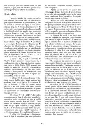 6-32
tido usando-se uma barra encontradora; e o tipo
especial, o qual pode ser instalado quando o lo-
cal não permite usar a barra encontradora.
Rebites sólidos
Os rebites sólidos são geralmente usados
nos trabalhos de reparos. Eles são identificados
pela espécie de material de que são feitos, o tipo
de cabeça, o tamanho da espiga e suas condi-
ções de têmpera. A designação para os tipos de
cabeça são: universal, redonda, chata, escareada
e lentilha (brazier), de acordo com o desenho
em corte da cabeça ( ver Figura 6-33). As de-
signações da têmpera e da resistência são indi-
cadas por marcas especiais na cabeça do rebite.
O material usado para a maioria dos re-
bites sólidos é a liga de alumínio. A resistência
e as condições da têmpera dos rebites de liga de
alumínio são identificadas por dígitos e letras
semelhantes aos adotados para a identificação
da resistência e condições de têmpera das cha-
pas de alumínio e de liga de alumínio em esto-
que. Os rebites 1100, 2017-T, 2024-T, 2117-T e
5056 são os tipos mais disponíveis.
O rebite 1100, o qual é composto de
99.45% de puro alumínio, é muito macio. Ele é
usado para rebitar as ligas de alumínio macias,
tais como as 1100, 3003 e 5052, as quais são
usadas em partes não estruturais (todas as partes
em que a resistência não é um fator a ser consi-
derado). A rebitagem de um porta-mapas é um
bom exemplo de onde um rebite de liga de alu-
mínio 1100, pode ser usado.
O rebite 2117-T, conhecido como o rebi-
te de campo (field rivet), é usado mais do que
qualquer outro na rebitagem de estruturas de
liga de alumínio. O rebite de campo é muito
procurado por estar pronto para o uso, quando
recebido não necessitando tratamento à quente
ou recozimento. Ele também tem uma alta resis-
tência à corrosão.
Os rebites 2017-T e 2024-T são usados
em estruturas de liga de alumínio, quando for
necessária maior resistência do que a obtida
com o mesmo tamanho do rebite 2217-T. Estes
rebites são recozidos, e depois mantidos refrige-
rados até que sejam colocados na chapa. O rebi-
te 2017-T deverá ser colocado dentro de apro-
ximadamente uma hora e o 2024-T dentro de 10
a 20 minutos depois de retirado da refrigeração.
O rebite 5056 é usado para rebitar estru-
turas de liga de magnésio, por suas qualidades
de resistência à corrosão, quando combinado
com o magnésio.
Rebites de aço macio são usados para
rebitar peças de aço. Os rebites de aço resistente
a corrosão são empregados para rebitar aços,
como paredes de fogo, braçadeiras de escapa-
mento e estruturas semelhantes.
Rebites de Monel são usados para rebi-
tar ligas de aço-níquel. Eles podem ser substitui-
dos por aqueles feitos de aço resistente à corro-
são em alguns casos. O uso de rebites de cobre
em reparos de aeronaves é muito limitado. Eles
podem ser usados somente em ligas de cobre ou
materiais não metálicos, como o couro.
A têmpera do metal é um importante
fator no processo de rebitagem, especialmente
com rebites de liga de alumínio. Os rebites de
liga de alumínio têm as mesmas características
com relação ao tratamento à quente das chapas
de liga de alumínio em estoque. Eles podem ser
endurecidos ou recozidos, conforme são chapas
de alumínio. O rebite deve estar macio ou rela-
tivamente macio, antes que uma boa cabeça
possa ser formada. O 2017-T e o 2024-T são
rebites recozidos, antes de serem cravados; pois
endurecem com o passar do tempo.
Os processos de tratamento à quente
(recozimento) de rebites são muito semelhantes
ao das chapas estocadas. Tanto pode ser neces-
sário o tratamento em forno elétrico ou a ar,
como em banho de sal ou de óleo quente. A
temperatura para o tratamento depende do tipo
de liga e deve estar entre 329ºC a 510ºC (625ºF
a 950ºF). Para facilitar o manuseio, os rebites
devem ser aquecidos em uma bandeja ou cesta
de arame; e imersos em água fria a 20ºC (70ºF),
imediatamente, após o tratamento a quente.
Os rebites 2017-T e 2024-T quando tra-
tados à quente, iniciam a fase de endurecimento
dentro de uns cinco minutos, após serem expos-
tos à temperatura ambiente. Por este motivo,
eles devem ser usados imediatamente após a
imersão em água fria, ou então, serem estocados
em um lugar frio. O meio mais comum de man-
ter os rebites tratados à quente em uma tempera-
tura abaixo de zero graus centígrados (abaixo de
32ºF), é mantê-los em um refrigerador elétrico.
Eles são denominados "rebites de geladeira"
("icebox rivets"). Sob estas condições de estoca-
gem, os rebites permanecerão suficientemente
macios, para serem cravados por um período
superior a duas semanas.
 
