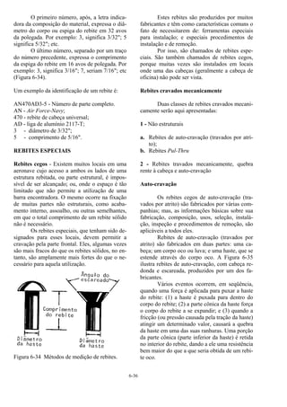 6-36
O primeiro número, após, a letra indica-
dora da composição do material, expressa o diâ-
metro do corpo ou espiga do rebite em 32 avos
da polegada. Por exemplo: 3, significa 3/32"; 5
significa 5/32"; etc.
O último número, separado por um traço
do número precedente, expressa o comprimento
da espiga do rebite em 16 avos de polegada. Por
exemplo: 3, significa 3/16"; 7, seriam 7/16"; etc
(Figura 6-34).
Um exemplo da identificação de um rebite é:
AN470AD3-5 - Número de parte completo.
AN - Air Force-Navy;
470 - rebite de cabeça universal;
AD - liga de alumínio 2117-T;
3 - diâmetro de 3/32";
5 - comprimento de 5/16".
REBITES ESPECIAIS
Rebites cegos - Existem muitos locais em uma
aeronave cujo acesso a ambos os lados de uma
estrutura rebitada, ou parte estrutural, é impos-
sível de ser alcançado; ou, onde o espaço é tão
limitado que não permite a utilização de uma
barra encontradora. O mesmo ocorre na fixação
de muitas partes não estruturais, como acaba-
mento interno, assoalho, ou outras semelhantes,
em que o total comprimento de um rebite sólido
não é necessário.
Os rebites especiais, que tenham sido de-
signados para esses locais, devem permitir a
cravação pela parte frontal. Eles, algumas vezes
são mais fracos do que os rebites sólidos, no en-
tanto, são amplamente mais fortes do que o ne-
cessário para aquela utilização.
Figura 6-34 Métodos de medição de rebites.
Estes rebites são produzidos por muitos
fabricantes e têm como características comuns o
fato de necessitarem de: ferramentas especiais
para instalação; e especiais procedimentos de
instalação e de remoção.
Por isso, são chamados de rebites espe-
ciais. São também chamados de rebites cegos,
porque muitas vezes são instalados em locais
onde uma das cabeças (geralmente a cabeça de
oficina) não pode ser vista.
Rebites cravados mecanicamente
Duas classes de rebites cravados mecani-
camente serão aqui apresentadas:
1 - Não estruturais
a. Rebites de auto-cravação (travados por atri-
to);
b. Rebites Pul-Thru
2 - Rebites travados mecanicamente, quebra
rente à cabeça e auto-cravação
Auto-cravação
Os rebites cegos de auto-cravação (tra-
vados por atrito) são fabricados por várias com-
panhias; mas, as informações básicas sobre sua
fabricação, composição, usos, seleção, instalá-
ção, inspeção e procedimentos de remoção, são
aplicáveis a todos eles.
Rebites de auto-cravação (travados por
atrito) são fabricados em duas partes: uma ca-
beça; um corpo oco ou luva; e uma haste, que se
estende através do corpo oco. A Figura 6-35
ilustra rebites de auto-cravação, com cabeça re-
donda e escareada, produzidos por um dos fa-
bricantes.
Vários eventos ocorrem, em seqüência,
quando uma força é aplicada para puxar a haste
do rebite: (1) a haste é puxada para dentro do
corpo do rebite; (2) a parte cônica da haste força
o corpo do rebite a se expandir; e (3) quando a
fricção (ou pressão causada pela tração da haste)
atingir um determinado valor, causará a quebra
da haste em uma das suas ranhuras. Uma porção
da parte cônica (parte inferior da haste) é retida
no interior do rebite, dando a ele uma resistência
bem maior do que a que seria obtida de um rebi-
te oco.
 